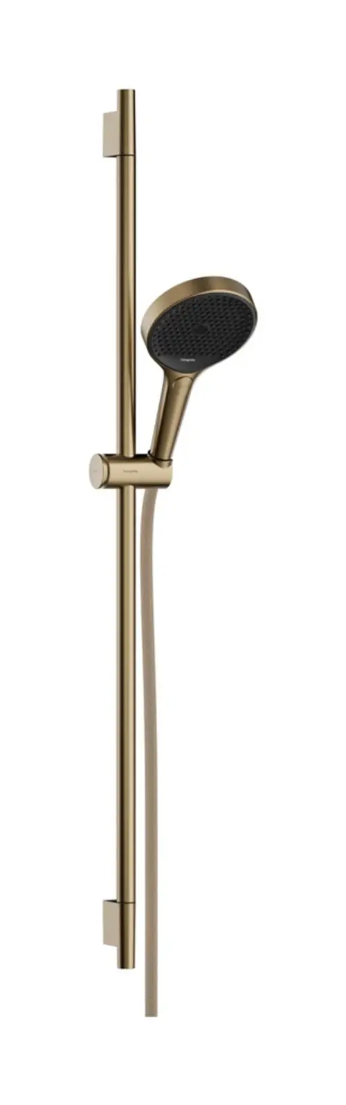Hansgrohe Duschset mit Handbrause, integrierter Halterung und Brausestange aus Metall in gebürstetem Bronze. Textilbrauseschlauch sichtbar, in dezentem Design.